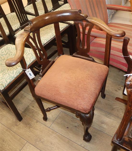 A George II mahogany corner elbow chair